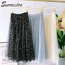 Spring Summer Korean Style Elegant 3 Layers Women Shiny Mesh High Waist Midi Long Tulle Pleated Skirt Female 210421