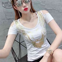 camisetas verano mujer Summer rivet short sleeve white T-shirt off shoulder top tshirt women O-neck t shirt 4774 50 210506
