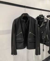 Luxury designer sheepskin jacket fashion zipper pocket stitching high-quality men black collar coat