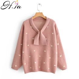 H.SA Women Winter Long SLeeve Crew Neck Pink Pullover and Sweater Polka Dots Bow Sweaters Kawaii Knitwear Tops 210417