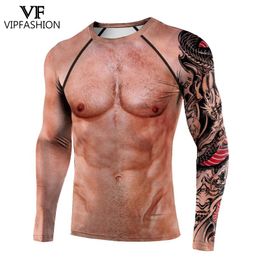 VIP FASHION Funny Chest Muscle Gym Clothing Fitness T-shirt Men Compression Skinny Bodybuilding Long Sleeve Sports Workout Tee 2202141