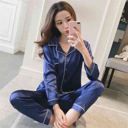 Womens Silk Satin Pyjamas Pyjamas Set Long Sleeve Sleepwear Pijama Pyjamas Suit Female Sleep Two Piece Set Loungewear Plus Size 210518