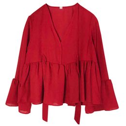 PERHAPS U Women Red Black V Neck Full Sleeve Top Solid High Street Blouse Loose Lace Up Fall Autumn Long Sleeve Flare Top B0190 210529