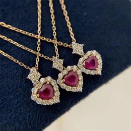 Ins Top Sell Sparkling Brand Jewelry Sterling Sier&gold Fill Heart Pendant Ruby CZ Diamond Gemstones Party Women Wedding Clavicle Necklace Gift
