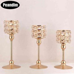 PEANDIM K9 Crystal Candle Lantern Gold Candle Holders Wedding Centrepieces Centre Table Candlesticks Parties Home Decor 210722