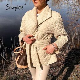 Warm short cotton padded parkas womens belted autumn winter coats female Long sleeves elegant lapel overcoat 211018