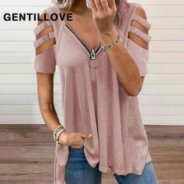 screw loose Canada - Gentillove Women Summer Sexy Screw Thread V-Neck Zipper Short Sleeve T-Shirt Vintage Casual Loose Solid Office Lady Basic 210421