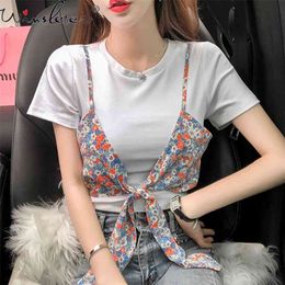 Korean Women t-shirts Fake Two-pieces Floral Print Patchwork Tops O-Neck Students Tee Shirt Summer Fashion Casual Tshirt T07513B 210421