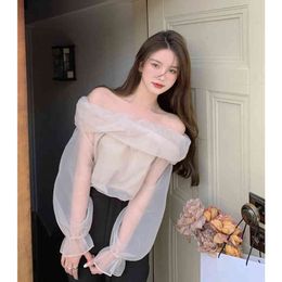 Korobov New Fashion Perspective Mesh Women Blouses Vintage Elegant Slash Neck Female Shirts Korean Off Shoulder Sexy Blusas 210430