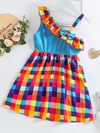 Toddler Girls Colorful Plaid Ruffle Asymmetrical Neck Dress SHE