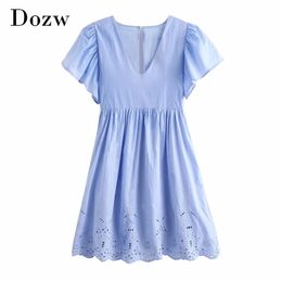 V Neck Loose Cotton Blue Dress Summer Flare Short Sleeve Embroidery Mini Women Casual Pleated Femme Robe 210515