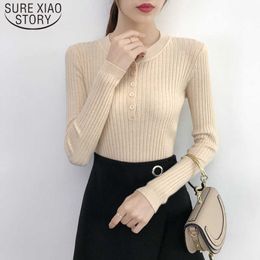 Winter Slim Elasticity Solid Round Neck Knitted Long Sleeve Women Shirts Autumn Women Sweaters Women Clothes Button 7577 50 210527