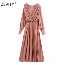 Women vintage cross v neck solid long pleated Dress Office Ladies sexy snake skin sashes Vestidos Chic Dresses DS4378 210420