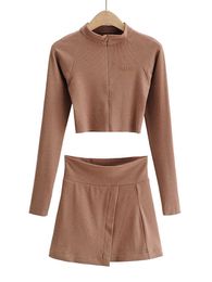Spring Slim Short Zipper Long Sleeve T-shirt Women+Ribbed Skirt Casual Suit Female 2 piece set women 210607