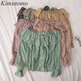 Kimutomo Fresh Style Chiffon Shirt and Blouse Women Slash Neck Flare Sleeve Floral Printing Single Breasted Tops Spring 210521
