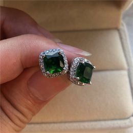 Cute Boho Female Crystal Green Stone Earring Fashion Rose Gold Wedding Ear ring Vintage Double Stud Earrings For Women