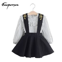 Girls Autumn Clothes Set Fashion Striped Blouse Shirt &flower Embroidery Overall Skirt Children Clothing for Kids Baby Outfits 210715