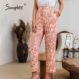 Causal print elastic holiday Loose wide legs lace up trousers woman Fashion high waist summer pants 210414