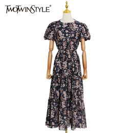 Vintage Print Summer Dress For Women O Neck Puff Sleeve High Waist Hollow Out Elegant Dresses Female Fashion 210520