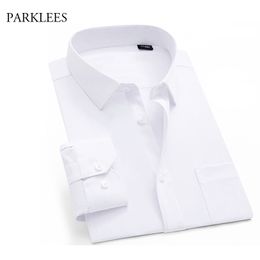 White Twill Work Shirts Men Long Sleeve Mens Dress Shirts Casual Button Up Chemise Homme Solid Cosy Breathable Camisas 44 210524