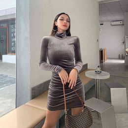 Fashion Basic Solid Women Party Dress Winter New Turtleneck Suede Mini Dress Autumn Casual Long Sleeved Pleated Bodycon Dresses Y1204