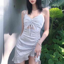 Ins European and American style summer women's suspender butterfly dew navel V-shaped dress woman dress 210602