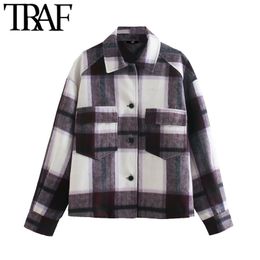 TRAF Women Fashion Oversized Check Woolen Jacket Coat Vintage Long Sleeve Pockets Female Outerwear Chic Overshirt 210415