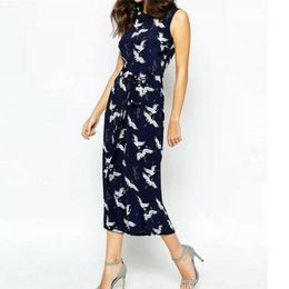 women cute crane print jumpsuit sashes pockets sleeveless pleated rompers ladies vintage casual jumpsuits 210419