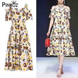 runway designer tropical coconut printed slash neck ruffles madi dress summer beach casual floral fashion robe mujer 210421