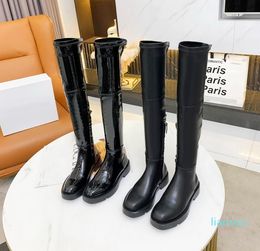 Luxury Designer Women Thigh-High Boots Black Genuine Leather Flat Boot Brand Ladies Winter Autumn Shoes