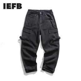 IEFB men's wear spring fahion balck jeans male causal cargo pants zipper big pockets loose Trousers with Ribbon 9Y847 210524