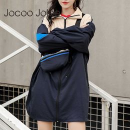 Jocoo Jolee Autumn Long Sleeve Colour Block Loose Drawstring Windbreaker Jackets Casual Streetwear Patchwork Drawstring Long Coat 210619