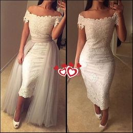 New Sexy Prom Dresses White Lace Tea Length Off Shoulder Short Sleeve Detachable Train Vintage Women Evening Gowns Party Cocktail Dress