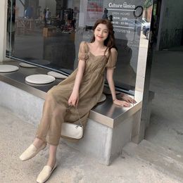 Mozuleva Good Quality Summer Turquoise French Dress Irregular Square Collar Korean Japanese Vintage Dress 210706