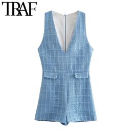 Women Chic Fashion False Pockets Tweed Playsuits Vintage Sleeveless Back Zipper Female Short Jumpsuits Mujer 210507