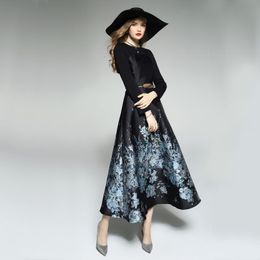 Casual Dresses 2021 Spring Jacquard Dress Brocade England Style O Neck Women Long Sleeve Party Evening Clothing Mid-Calf Ball Gown