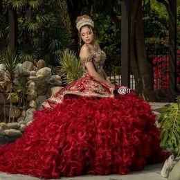 Burgundy Organza Luxury Quinceanera Dresses 2021 Gold Lace Embroidery Beaded Lace-up Corset Sweet 16 Girls vestidos de 15 años Prom Gowns