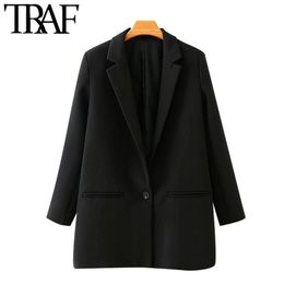 TRAF Women Fashion Office Wear Single Button Blazers Coat Vintage Long Sleeve Pockets Female Outerwear Chic Tops 211122