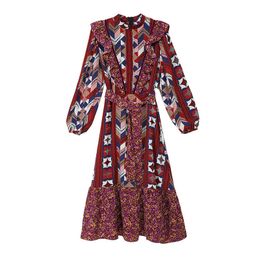 Women Chiffon Red Brown Stand Collar Geometric Floral Print Ruffle Sash Long Sleeve Mermaid Midi Dress Holiday D2325 210514