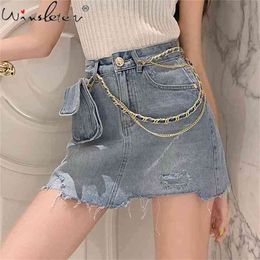 Women Summer Denim Skorts With Chains Streetwear Casual High Waist Pocket Holes Jeans Skirt B03206B 210421