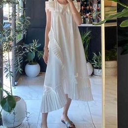Summer Women's Dress Korean Style Pleated Stitching Round Neck Solid Colour Loose Casual Irregular Female es LL357 210506
