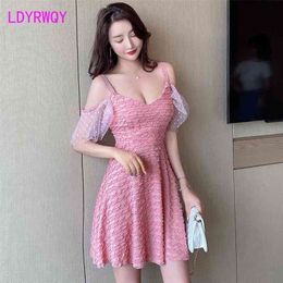 LDYRWQY summer Korean sexy fashion low-cut V-neck mesh stitching strapless strap slim dress 210416