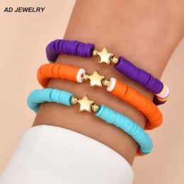 Gold Plated Zinc Alloy Star Charm Bracelets Jewelry Rainbow Color Vinyl Heishi Disc Beads Strands Stretch Bracelet 3pcs/set