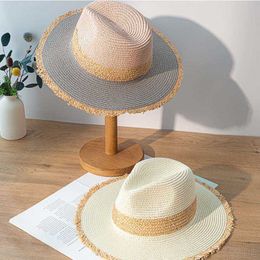 Retro Colour Matching Fringed Ladies Straw Hat Fashion Wide Flat Brim Jazz Top Beach Sun For Summer UV UPF50+ 210531