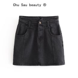 beauty Women Sexy Mini Denim Short Skirt Summer Pocket High Waist Wild Casual Washed Black Bag Hip 210514