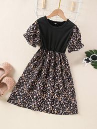 Girls Ditsy Floral Print Flounce Sleeve Dress SHE