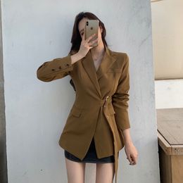 Autumn Spring Women's Blazers Sashes Jackets Notched Outerwear England Style Office Wear Solid Cardigan Tops 210421