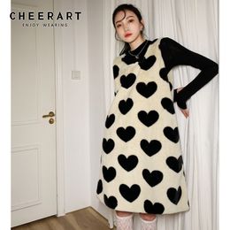 Furry Kawaii Winter Dresses For Women Heart Print Sleeveless Cute Tank Dress Korean Fashion Clothing 210427