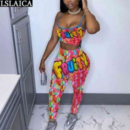 Two Piece Set Summer Suspender Tops&long Pants Print Hip Hop Sexy Plus Size Clothing for Women Night Party Club 2 Outfits 210520