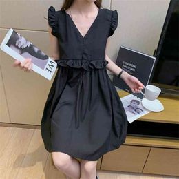 Folded ruffled loose and thin dress, women on both sides wear mid-length skirt summer Korean fashion women's clothing 210520